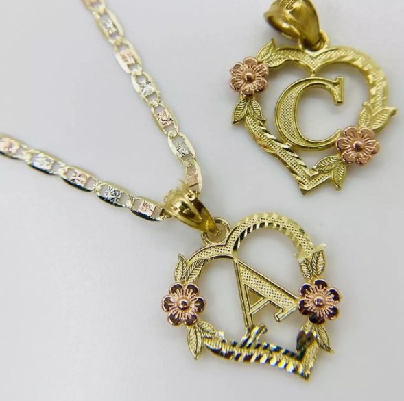 10kt Gold Heart Initial Letter Alphabet Rose Charm Pendant Necklace