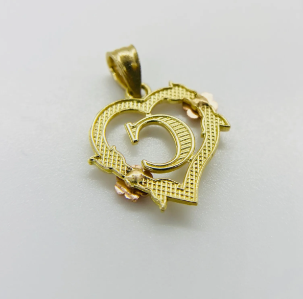 10kt Gold Heart Initial Letter Alphabet Rose Charm Pendant Necklace