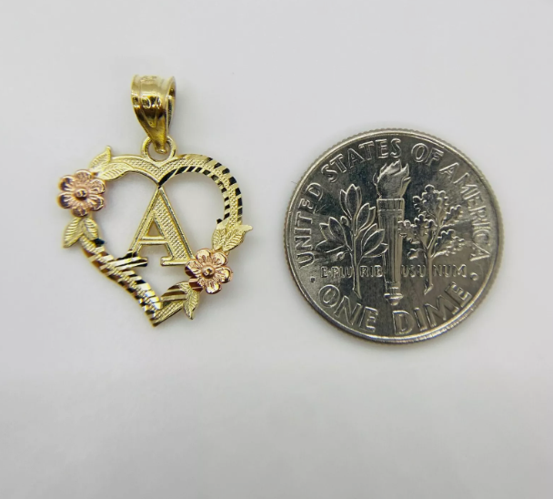 10kt Gold Heart Initial Letter Alphabet Rose Charm Pendant Necklace