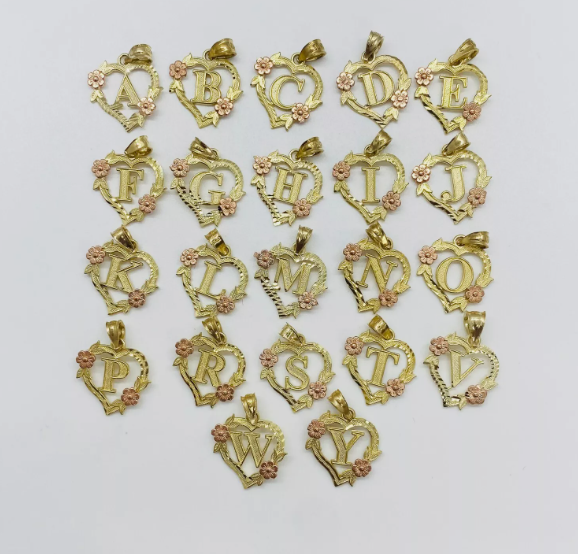 10kt Gold Heart Initial Letter Alphabet Rose Charm Pendant Necklace