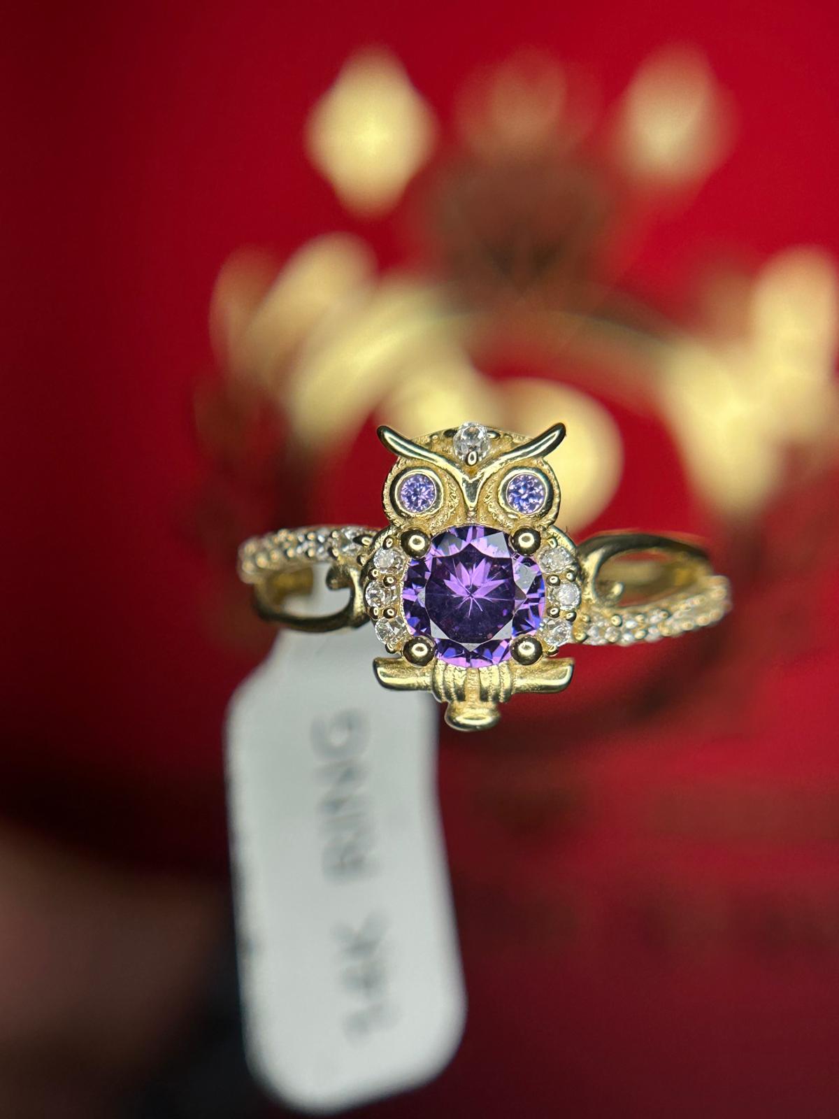 14Kt Amethyst Owl Ring