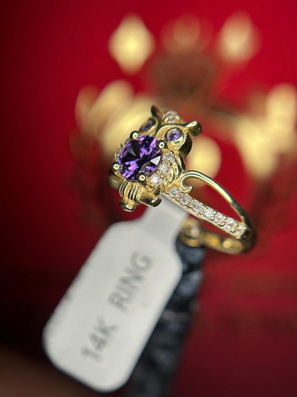 14Kt Amethyst Owl Ring