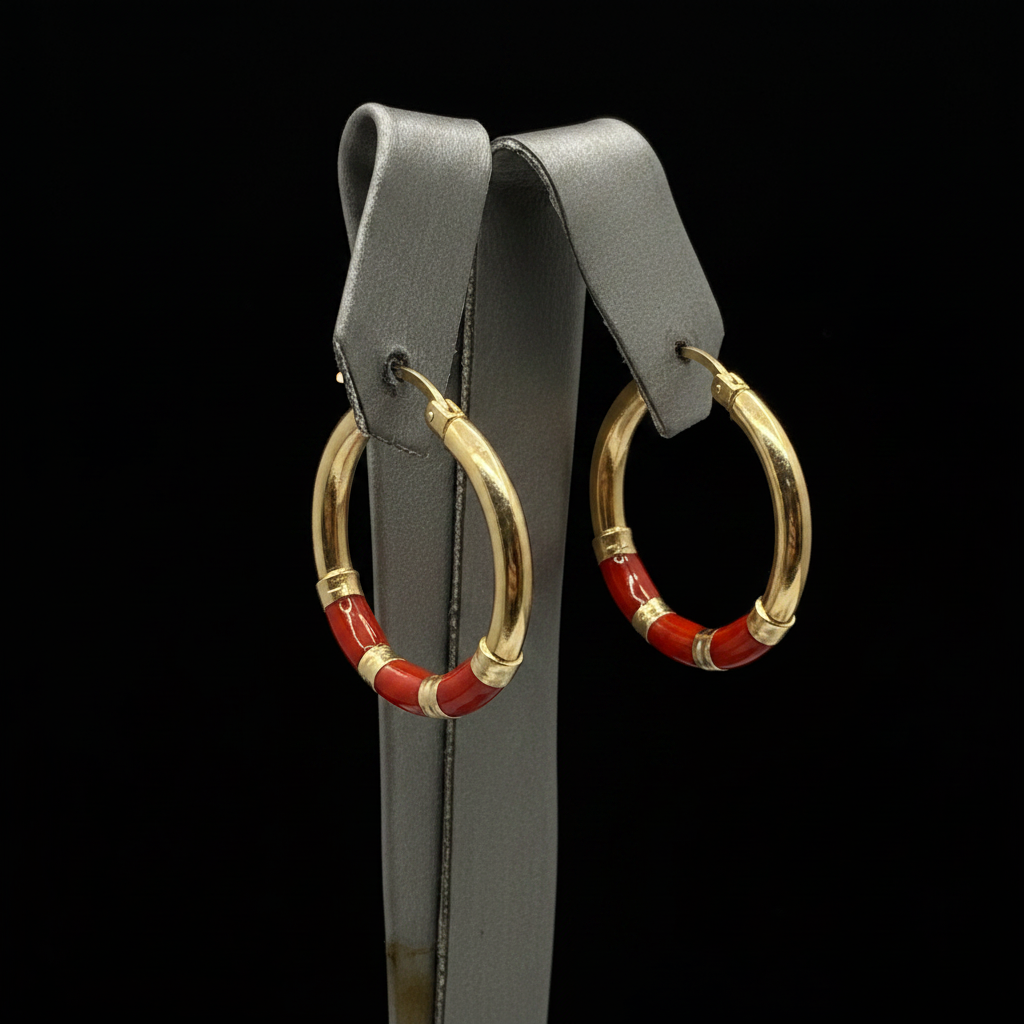14KT Yellow Gold Red Accent Hoop Earrings – 3.7g | R1688