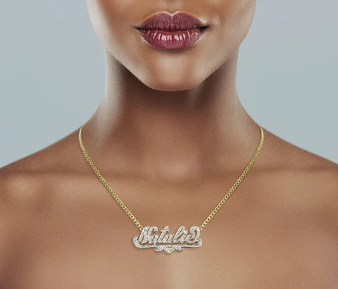 10K Gold Two Tone Diamonds Name Plate Necklace