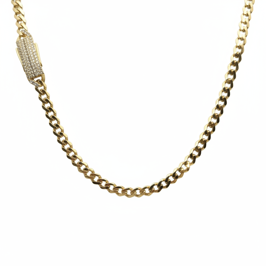 10KT CUBAN LINK CHAIN CZ LOCK 4.6MM