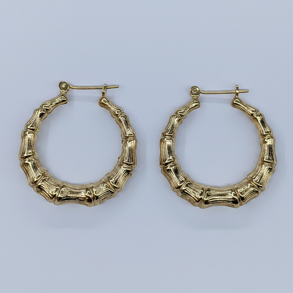 14K Yellow Gold Bamboo Style Hoop Earrings – 3.3 Grams