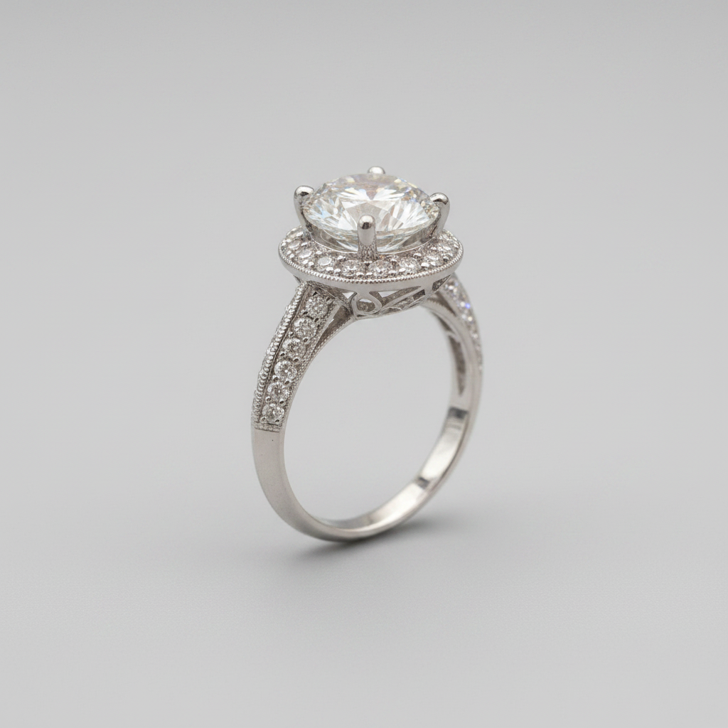 18K White Gold Round Halo Lab Grown Diamond Engagement Ring