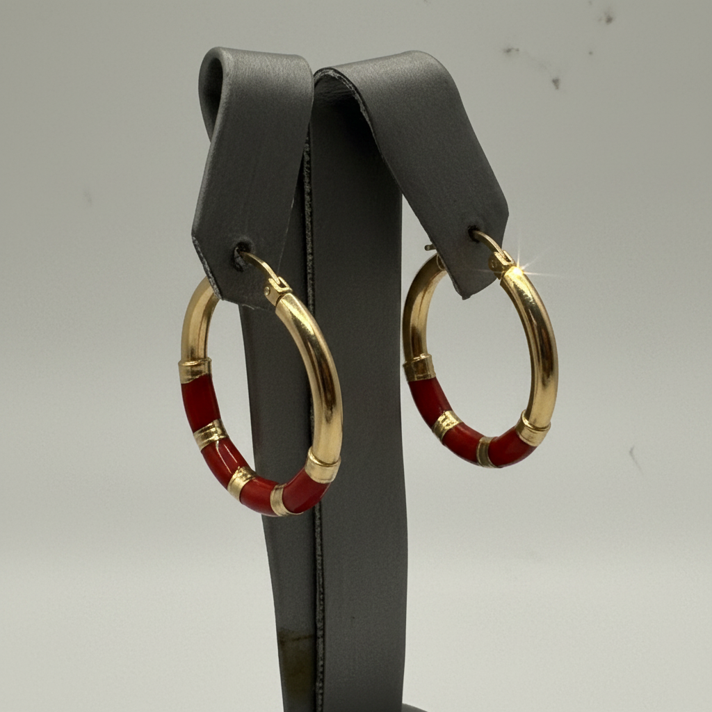 14KT Yellow Gold Red Accent Hoop Earrings – 3.7g | R1688