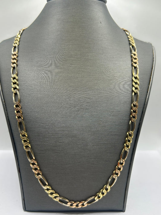 14KT Solid 3-Tone Figaro Chain 26inch, 6mm