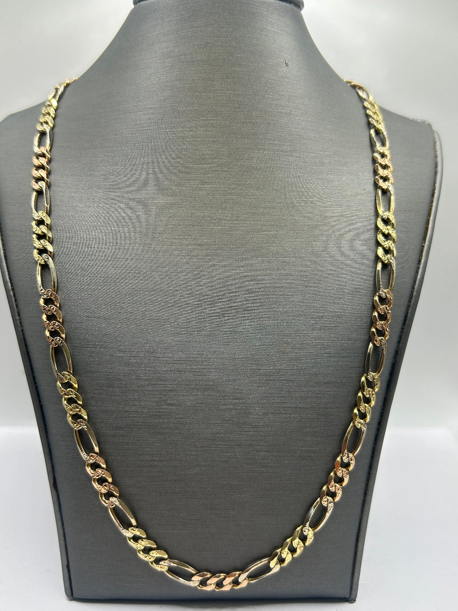 14KT Solid 3-Tone Figaro Chain 26inch, 6mm