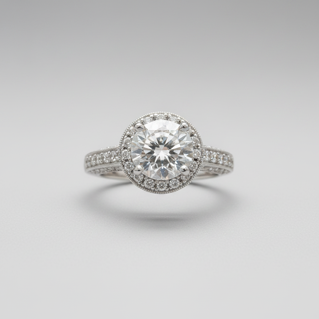18K White Gold Round Halo Lab Grown Diamond Engagement Ring