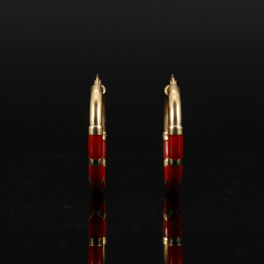 14KT Yellow Gold Red Accent Hoop Earrings – 3.7g | R1688