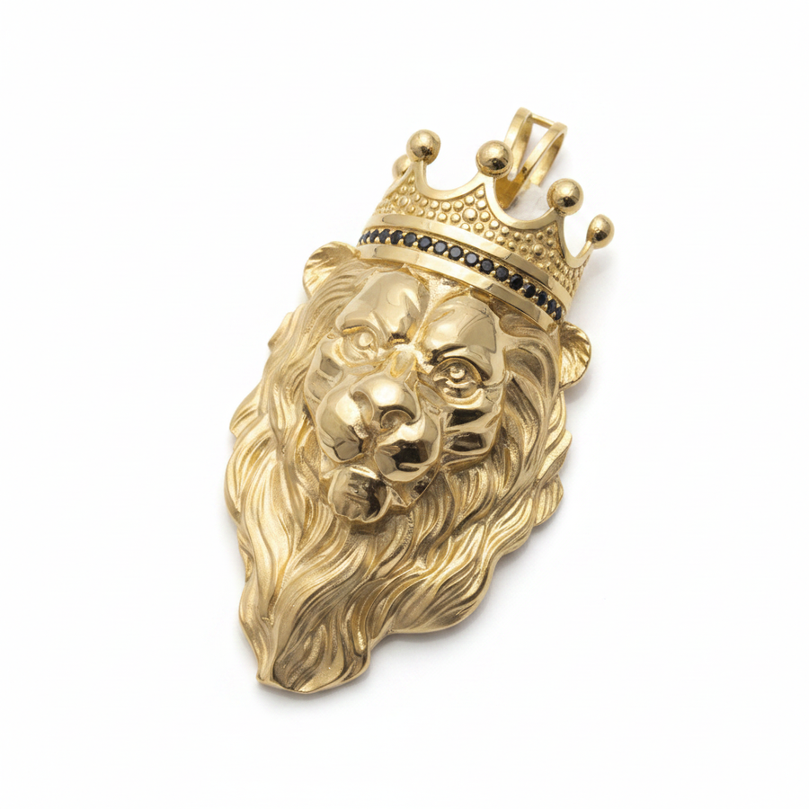 14K Yellow Gold Crowned Lion Pendant with Black Diamonds