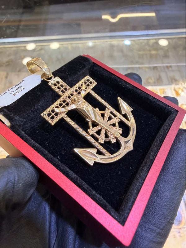 10K Yellow Gold Anchor Cross Pendant – 1.8" | R609