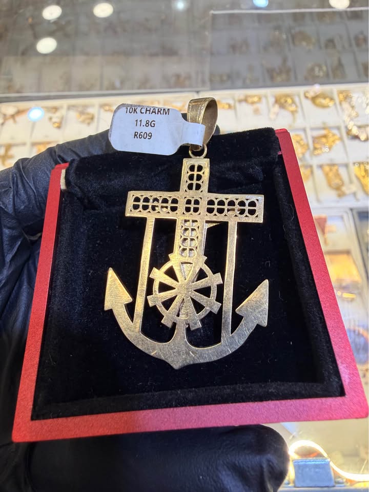 10K Yellow Gold Anchor Cross Pendant – 1.8" | R609