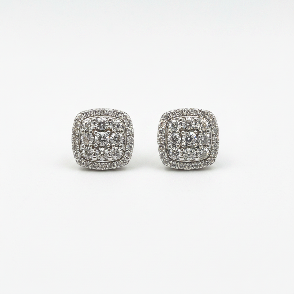 10K White Gold Diamond Halo Stud Earrings