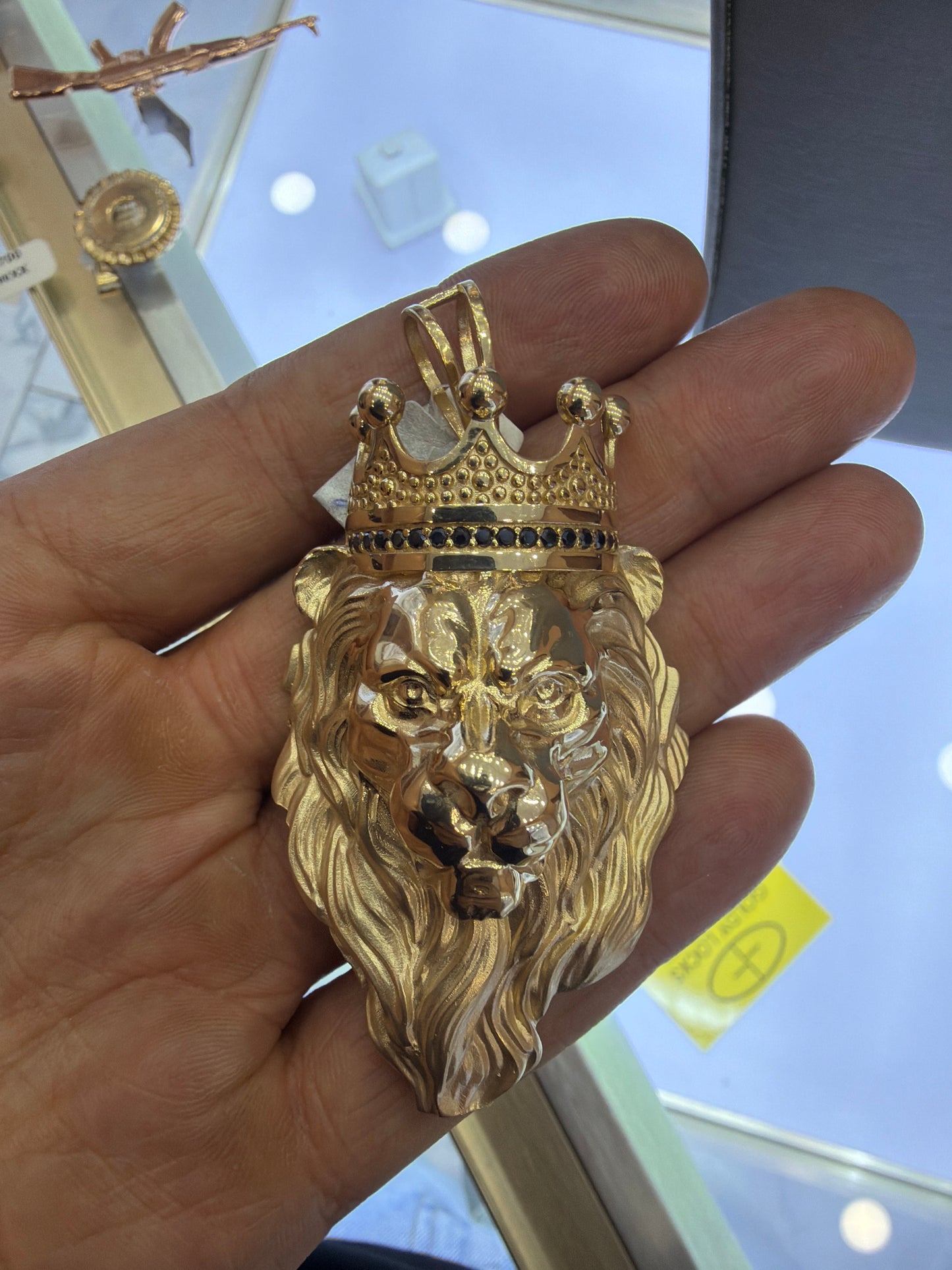 14K Yellow Gold Crowned Lion Pendant with Black Diamonds