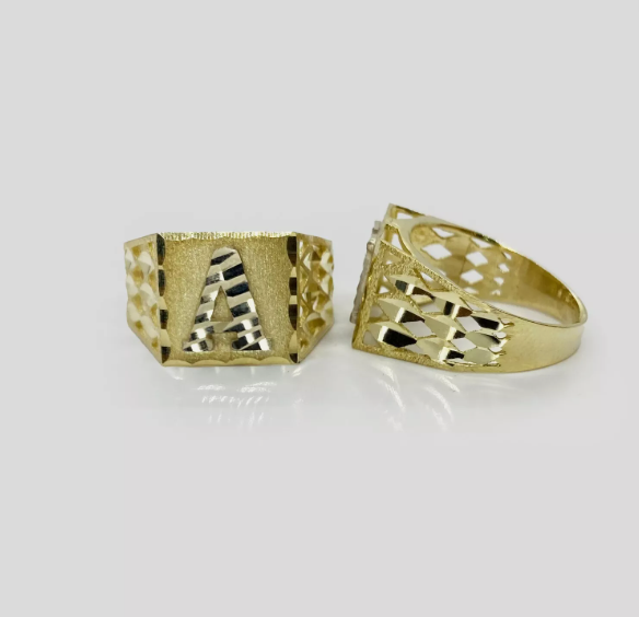10k Solid Gold Diamond Cut Initial Letter Alphabet Monogram Ring for Men