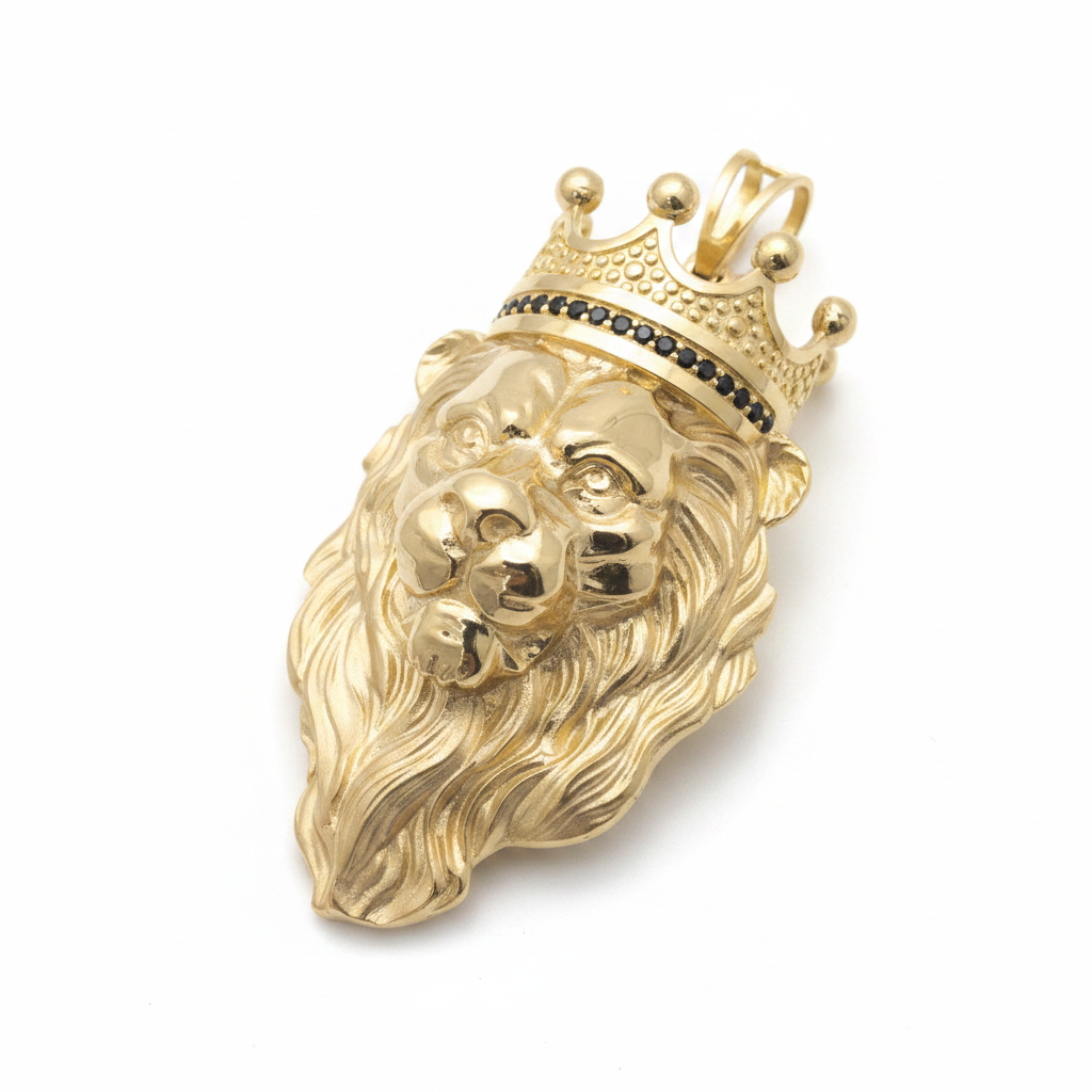 14K Yellow Gold Crowned Lion Pendant with Black Diamonds