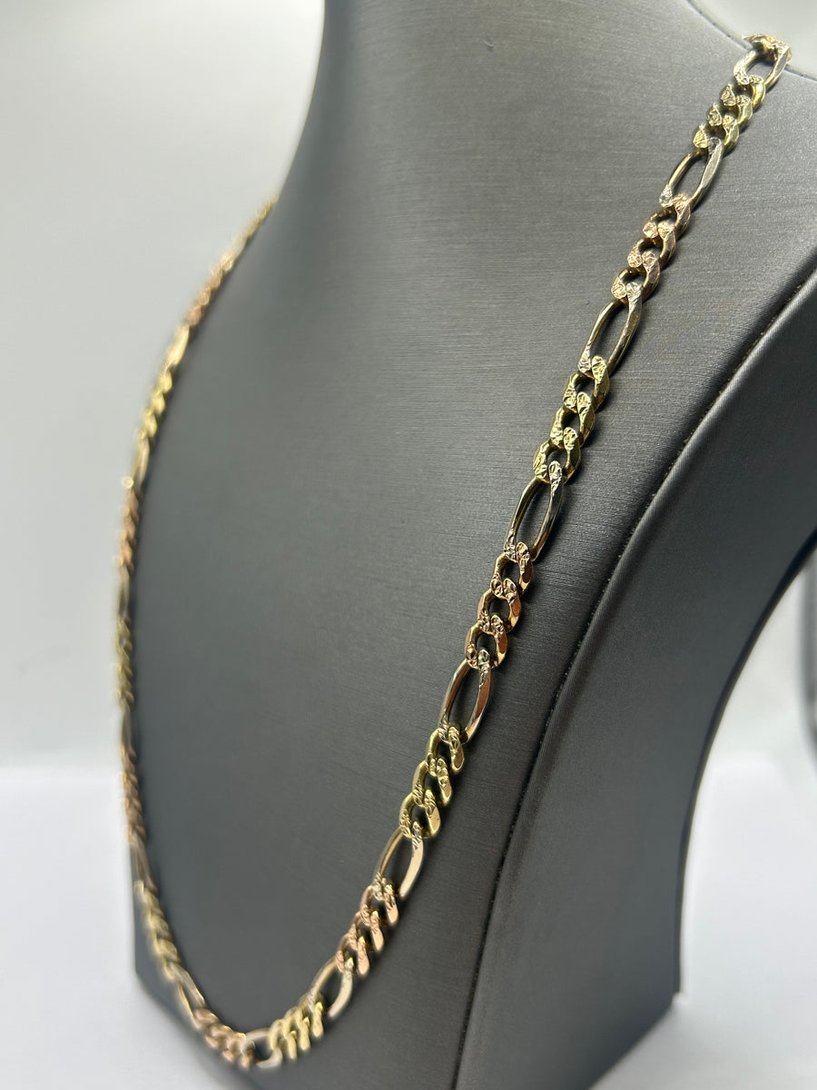 14KT Solid 3-Tone Figaro Chain 26inch, 6mm