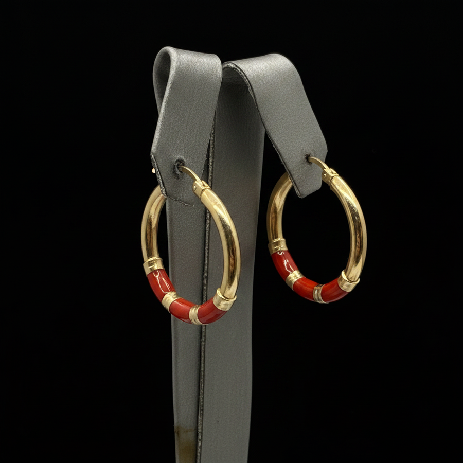 14KT Yellow Gold Red Accent Hoop Earrings – 3.7g | R1688