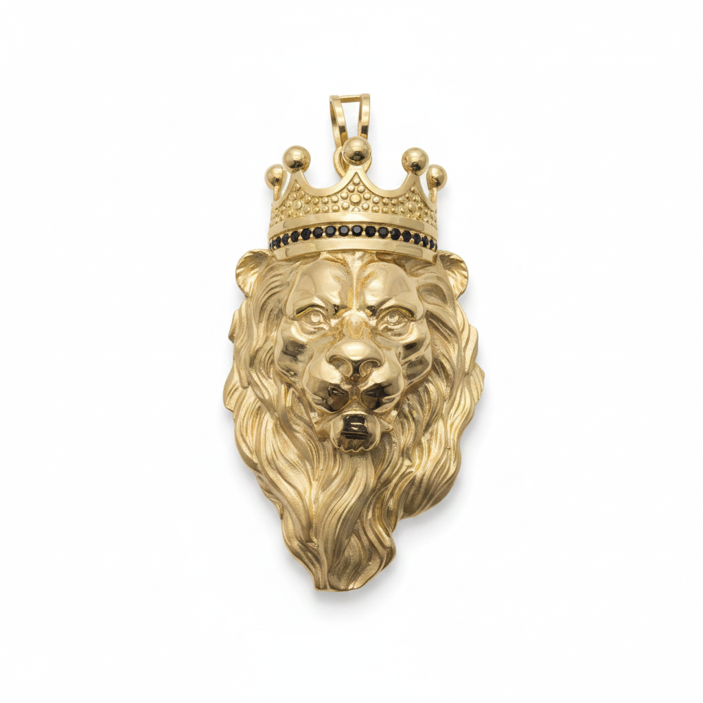 14K Yellow Gold Crowned Lion Pendant with Black Diamonds