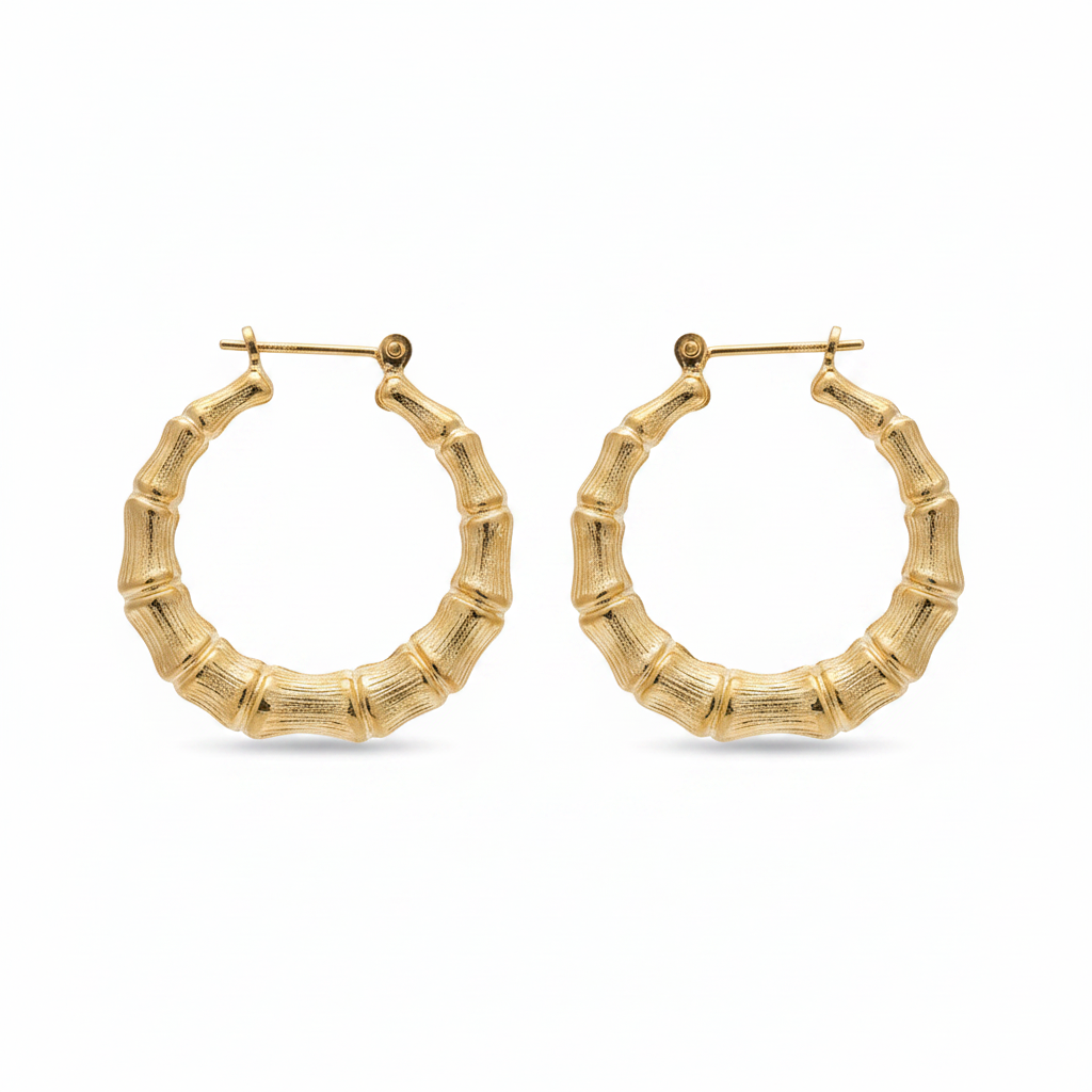 14K Yellow Gold Bamboo Style Hoop Earrings – 3.3 Grams