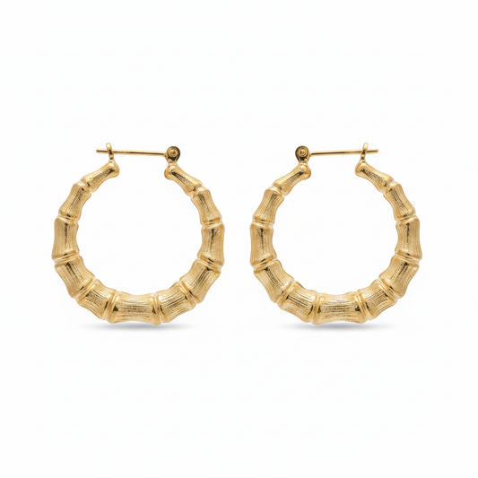 14K Yellow Gold Bamboo Style Hoop Earrings – 3.3 Grams