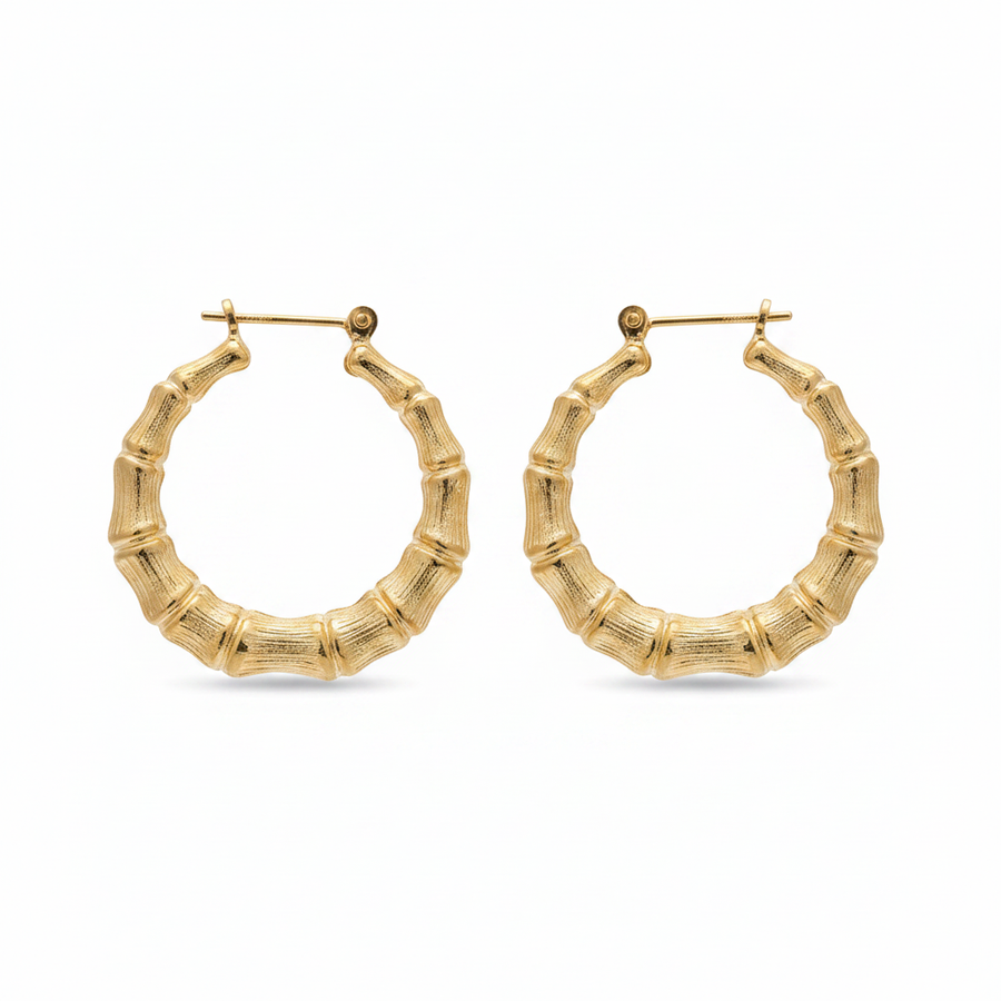 14K Yellow Gold Bamboo Style Hoop Earrings – 3.3 Grams