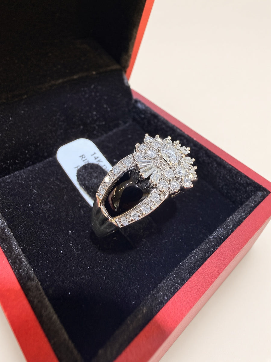 14K White Gold Natural Diamond & Onyx Ring | R1073