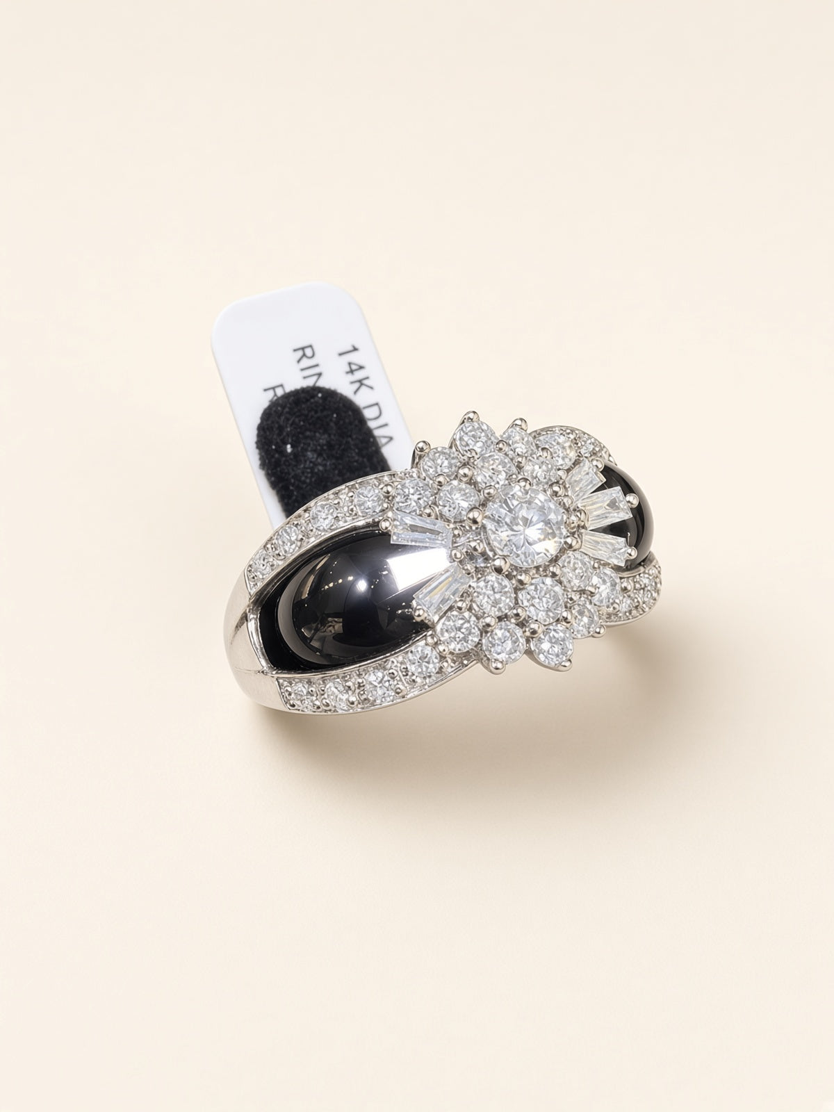 14K White Gold Natural Diamond & Onyx Ring | R1073