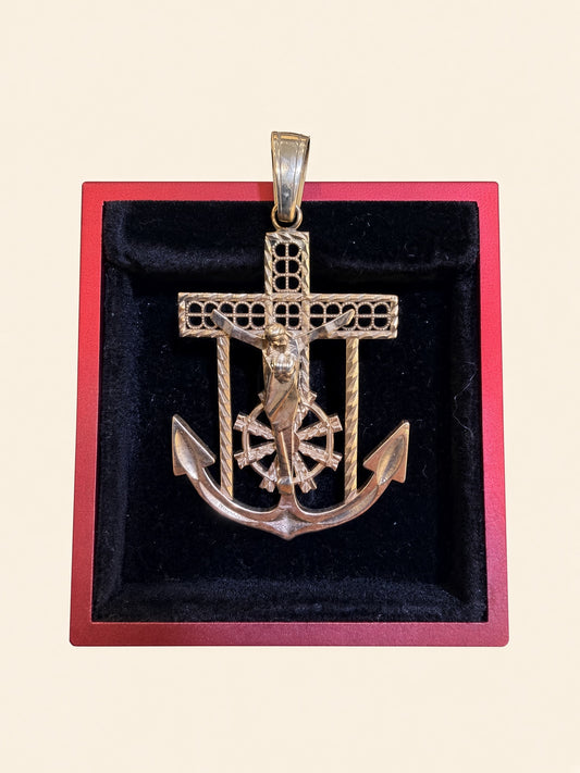 10K Yellow Gold Anchor Cross Pendant – 1.8" | R609